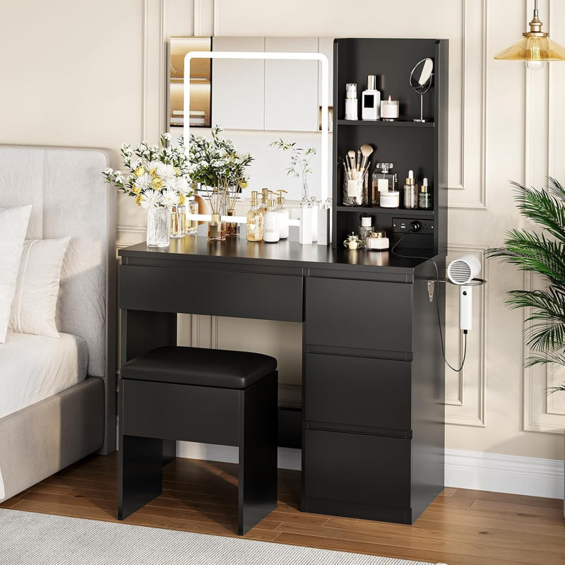 Dressing Vanity Desk Set with with Lighted Mirror for Bedroom, Black