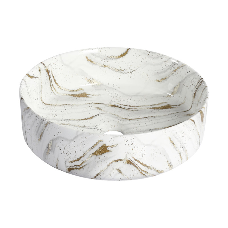 Round Above Counter Ceramic Art Sink For Bathroom, High - Quality Glaze, Well Crafted, 15.7 Inches Wide, 18.9 Lb Bathroom Counter, Featuring White And Gold Design, Three Layers Of Easy To Maintain,