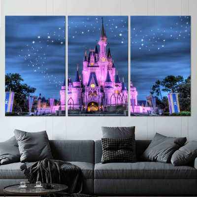 Printed Canvas: Starry Night Landscape Disneyland Castle Art,3P Wrapped Canvas