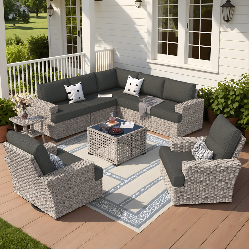 Dzion Outdoor Wicker 7 Person Seating Group With Cushions, Black, No