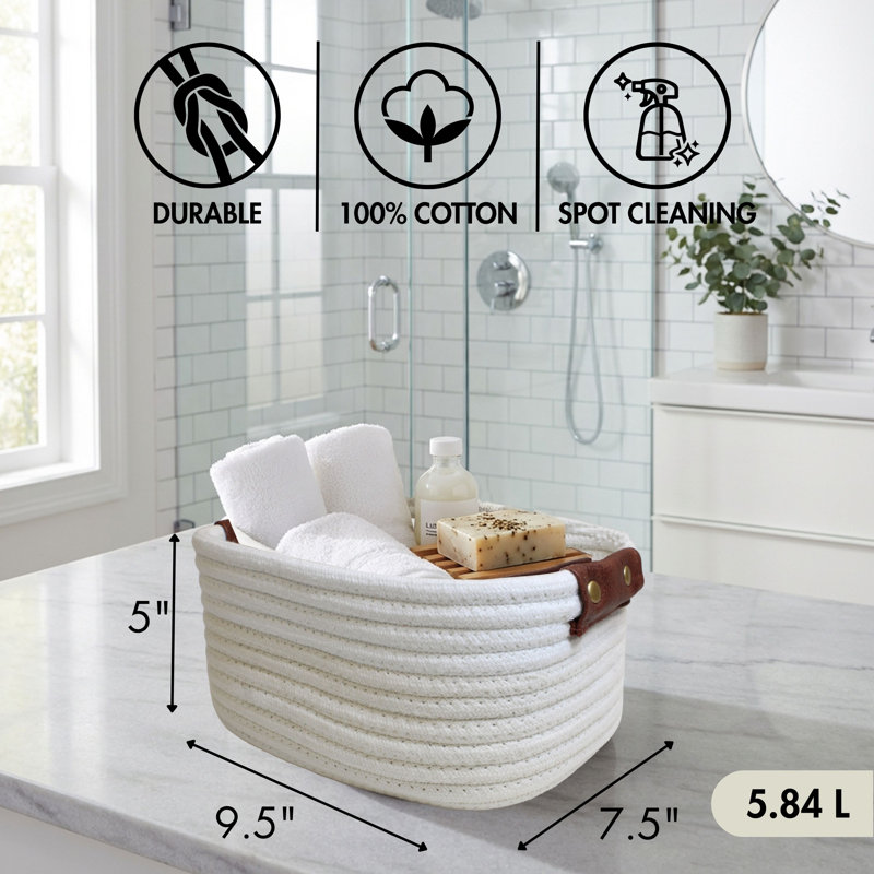 Reva Collection 100% Cotton Storage Basket, Woven Rectangular Organizer Bin, 9.5" x 7.5" x 5", for Shelf Storage, Closet Organization, Bathroom, Nursery, Pantry & Office, Decorative Basket, Ivory
