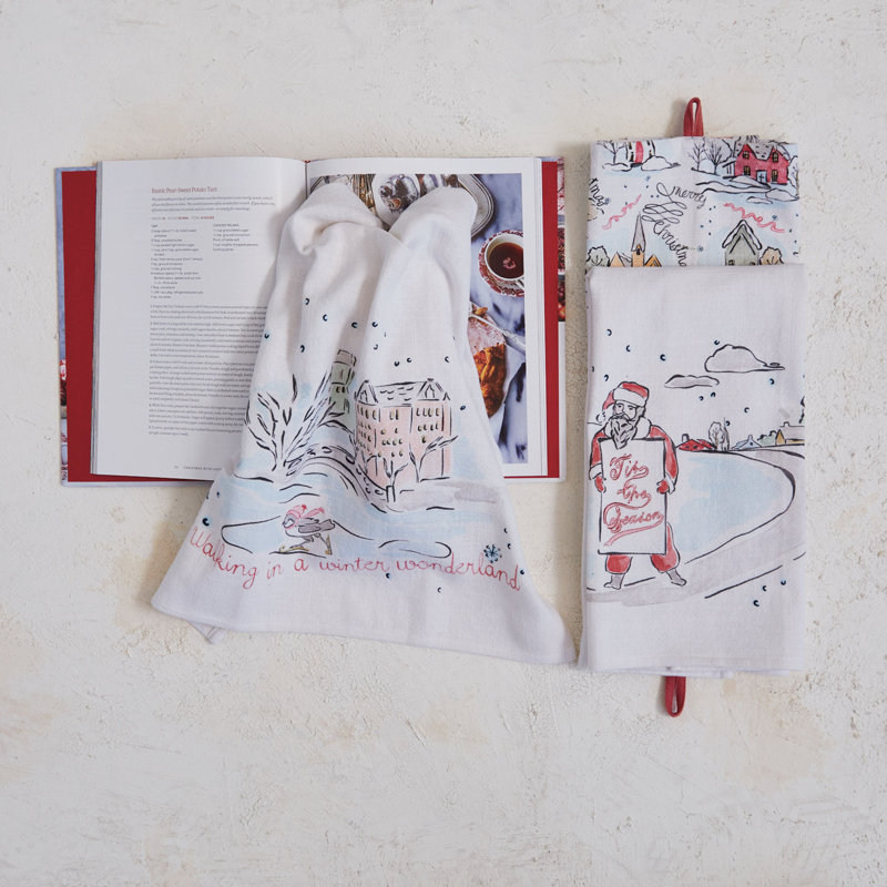 Cotton Printed Tea Towel With Holiday Scene/Pattern, Saying And Loop