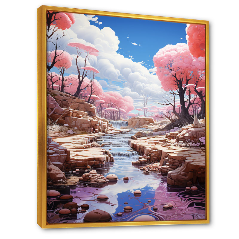 «Kawaii Landscape Pink Geyser Dream», reproduction sur toile, Cadre flottant doré, H 32 po x l 16 po x P 1 po