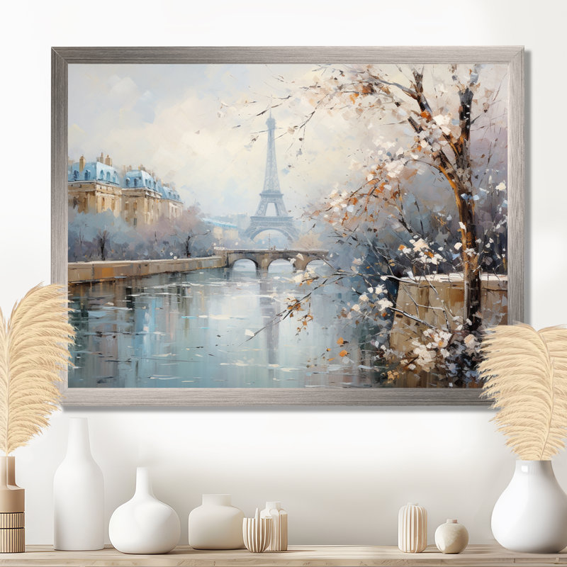 Hiver Paris, Tour Eiffel, charme de ville I - Paris, art mural, Cadre flottant noir, H 24 po x l 32 po x P 1 po