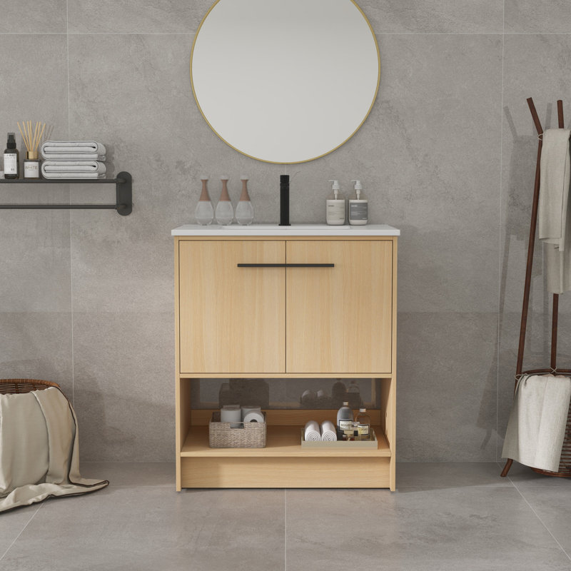 Meuble-lavabo 30 po avec lavabo en céramique, Chêne, Noir