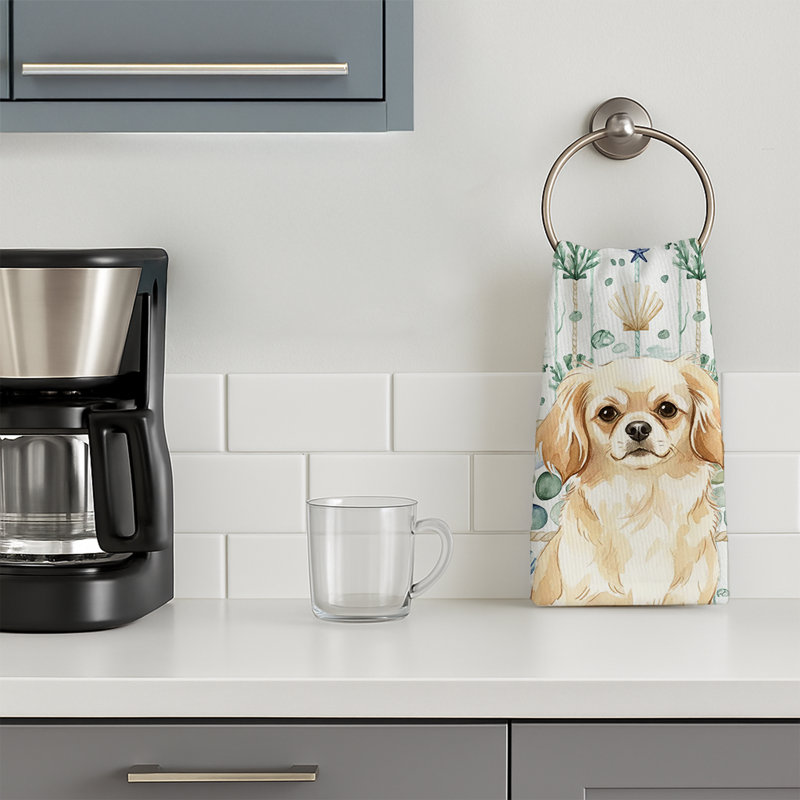 Cream Tibetan Spaniel Coastal Sea Glass Kitchen Towel, Cream Tibetan Spaniel