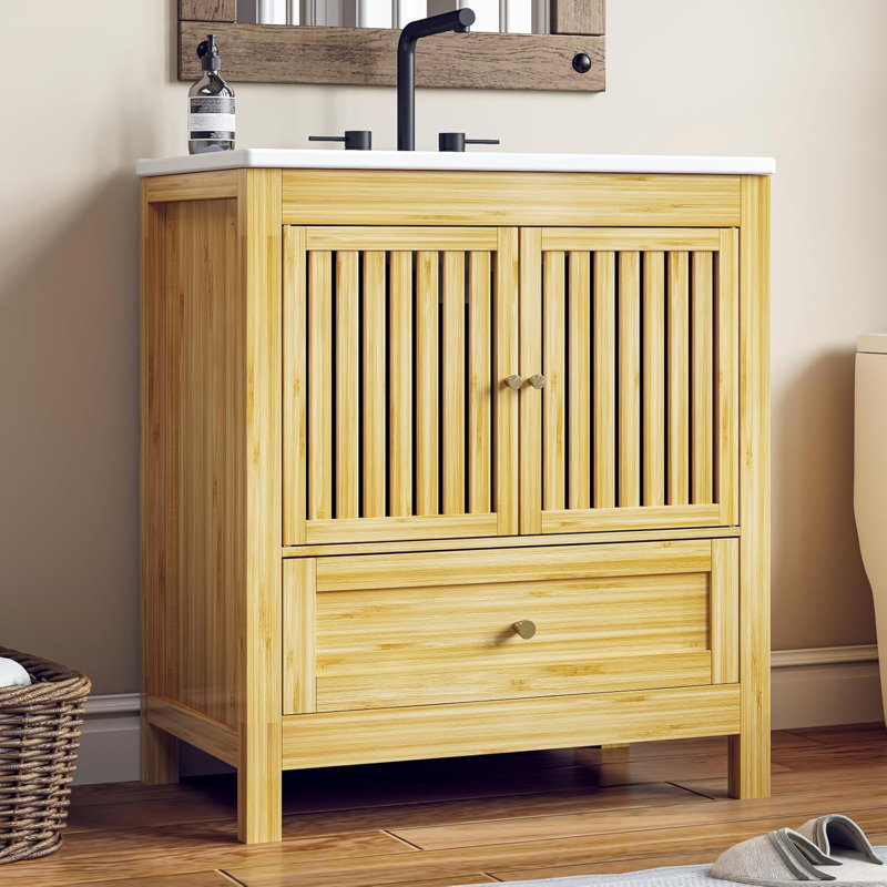 30" Farmhouse Bamboo Bathroom Vanity With Single Sink