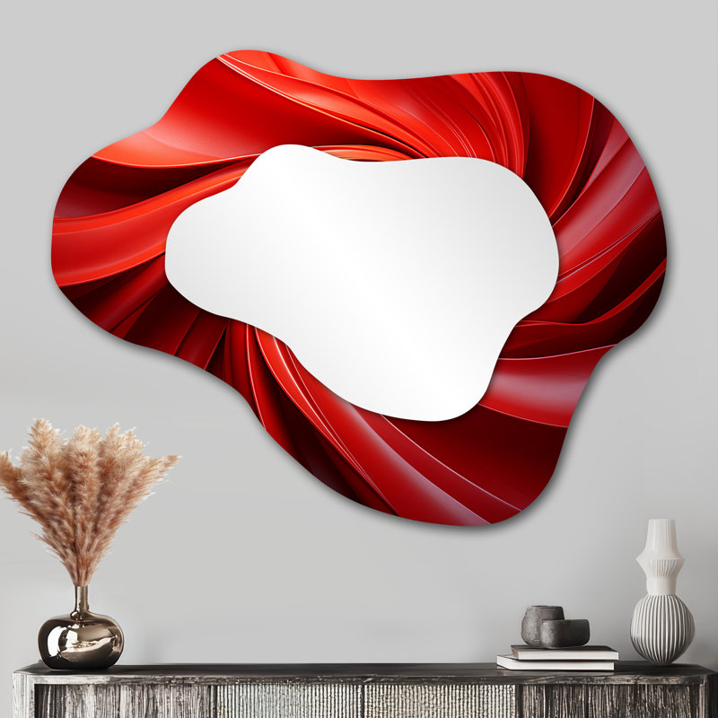 Red abstract spiral dreamscape IV - Abstract Spirals Asymmetrical Mirror, Red Cloud Unique Wall Mirror, Printed Metal Art