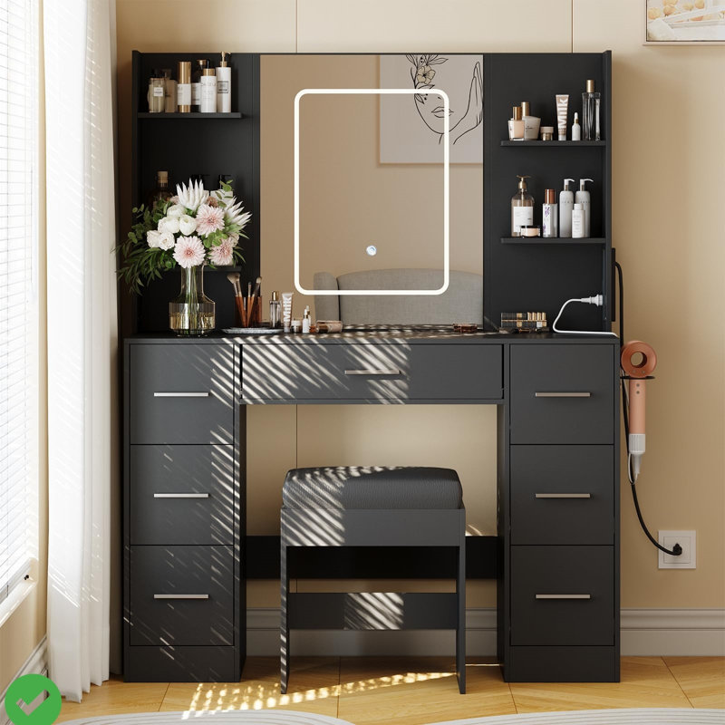 Table de coiffeuse avec miroir et lumières, Noir