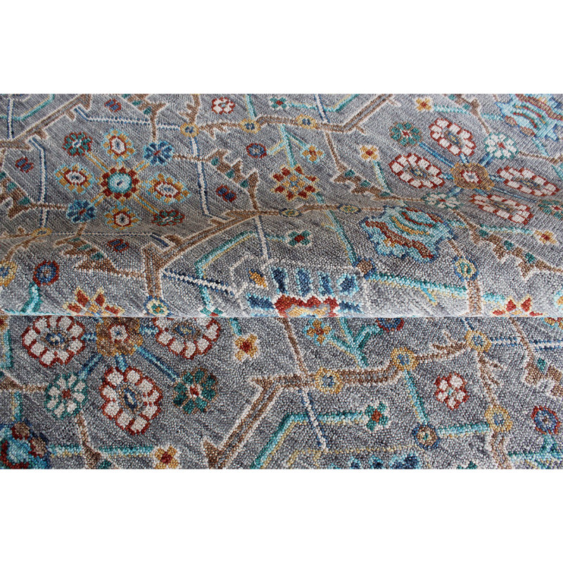 Tapis gris / bleu clair / rouge noué à la main de haute qualité, Rectangle 8 pi x 10 pi
