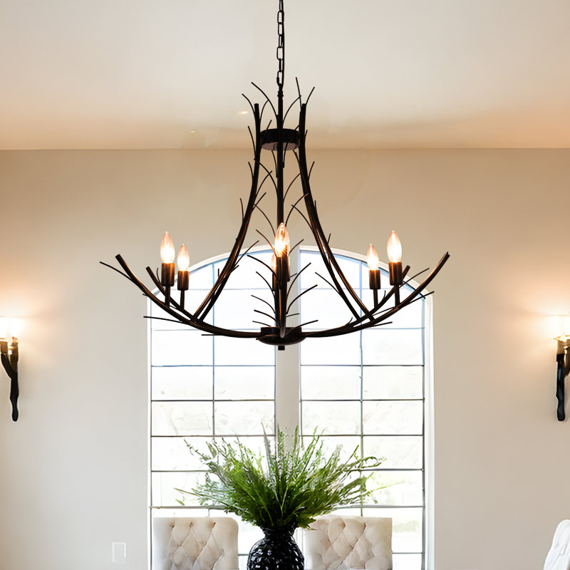 Modern Black Iron Branch Chandelier, 6-Light E12 Pendant Light With Adjustable Chain For Dining Room, Living Room, Kitchen, Sloped Ceiling Compatible