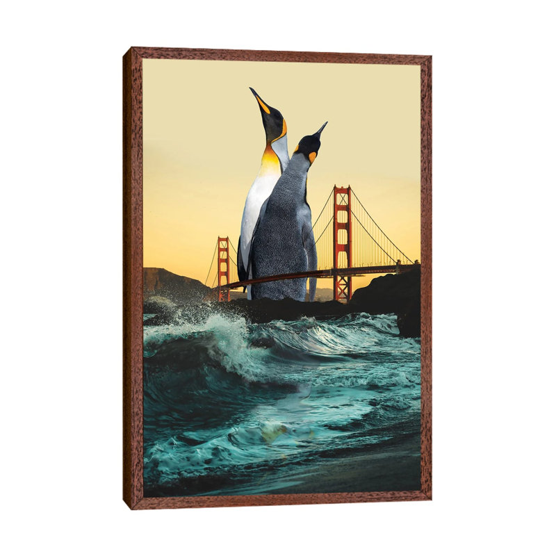 Golden Penguins by David Loblaw - Print on Canvas, Classic Brown Wood Framed, 66.04 cm H x 45.72 cm W