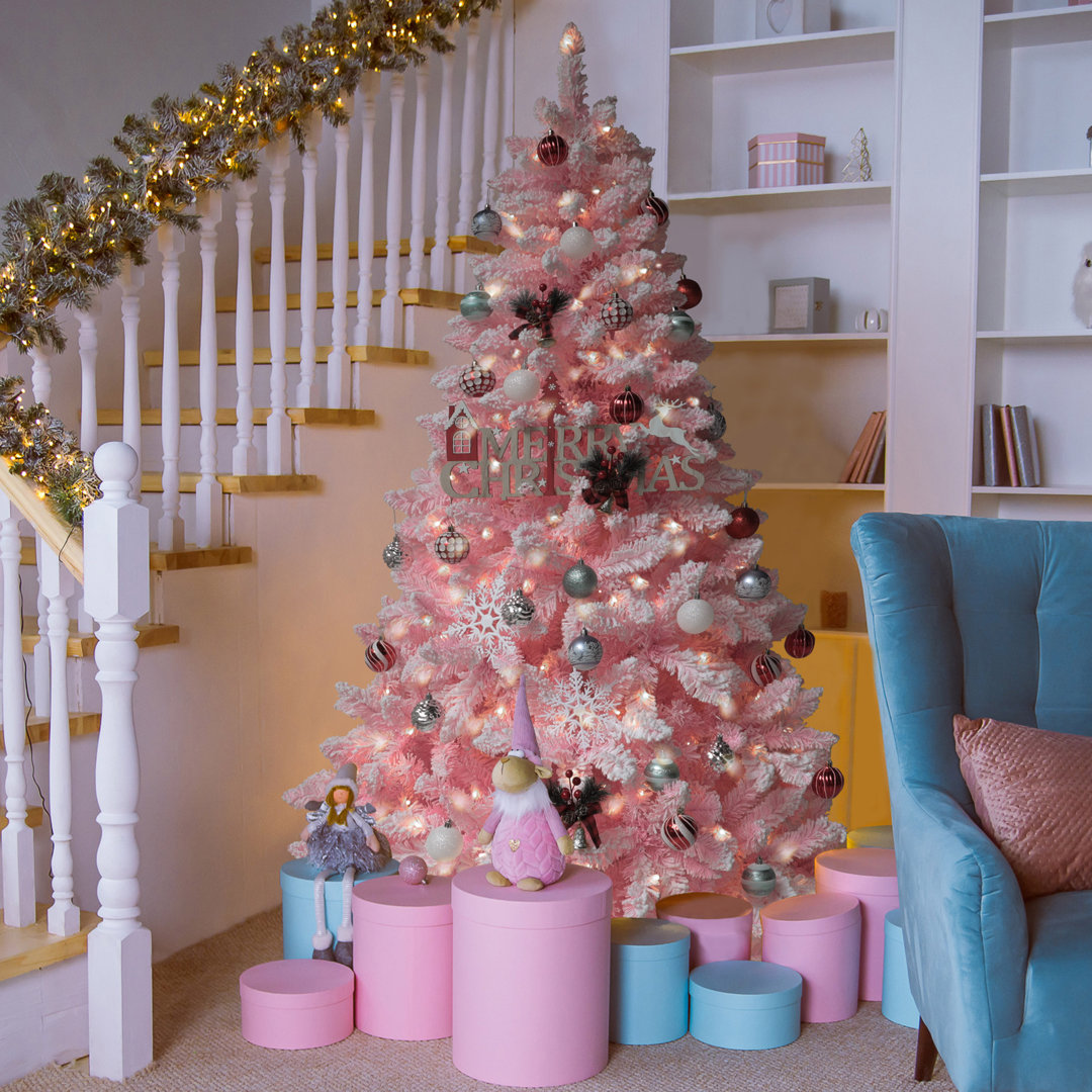 Irjat 6'/7.5' Pre-Lit Snow Flocked Artificial Christmas Tree with Stand, 2 Colors Available The Holiday Aisle® Light Color: Clear/White Lights, Color: Pink Size: 6'