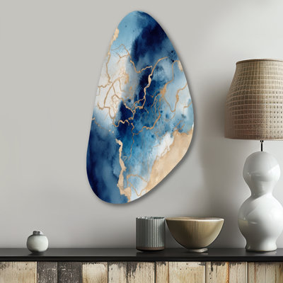 Sculpture murale en métal bleu et doré à motif de nuages de marbre