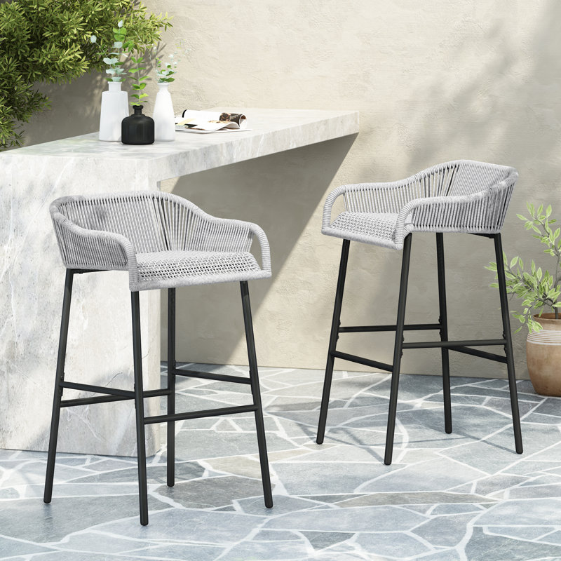 Carrianna Patio Rope Woven Barstool, Light Gray