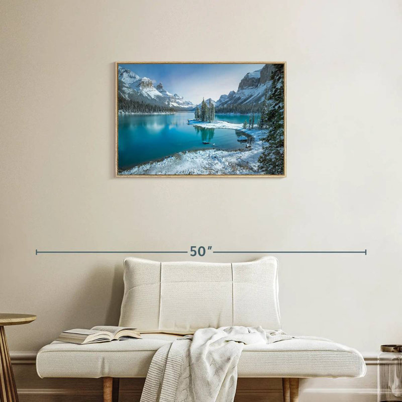 Spirit Island en hiver, Cadre flottant en bois naturel, 31 po x 21 po