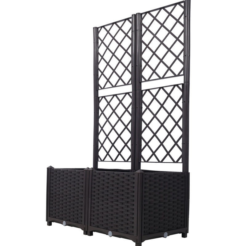 Brown Trellis Raised Bed With Drainage - 2 Removable Pots For Outdoor Enhances Garden Decoration Planting Support Plug Patio Versatile Rectangular Planter Climbing Plant