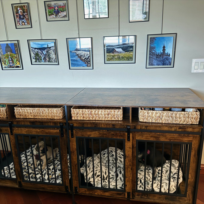 78.74'' Double Dog Crate Furniture with Removable Divider and 4 Compartments - Rustic Brown