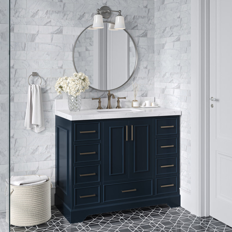 Ensemble de meuble-lavabo simple 42,25 po avec plateau en quartz Abshire, Bleu minuit