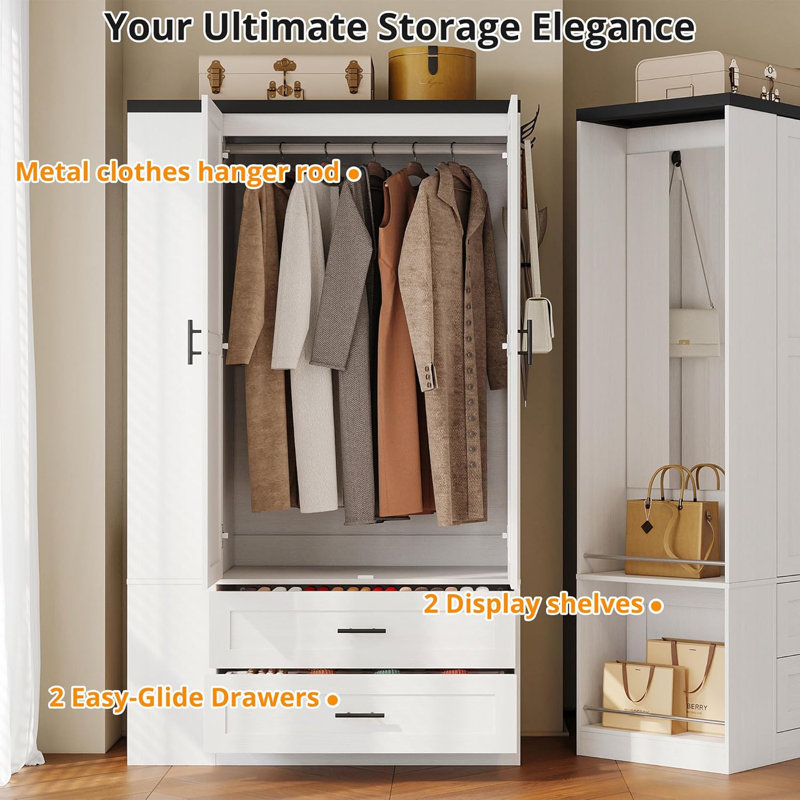 Armoire-penderie avec grand miroir Armoire, armoire de rangement avec 2 portes et 2 tiroirs