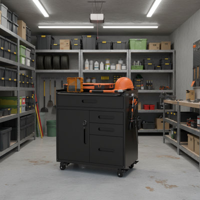 Thickened Steel Workshop Toolbox, With Built-In Lock For Dust And Moisture Protection, Multiple Drawers For Large-Capacity Storage, And Casters For Easy Movement, Making Garage Storage Neat And Convenient.