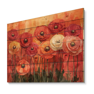 Fleurs de renoncule vives au coucher du soleil en automne II - décoration murale en bois de renoncule - sur bois de pin naturel
