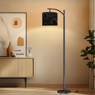 Gothic Arc Floor Lamp with Adjustable Lampshade Black Rose Floral Dark Baroque Embossed Standing Lamp 3 Color Temperatures Dimmable Tall Pole Lamp with Foot Switch for Bedroom