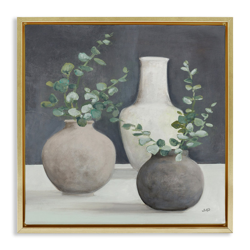 "Fresh Floral Vessels", art mural encadré par Julia Purinton, Cadre flottant métallique doré, H 25 po x l 25 po