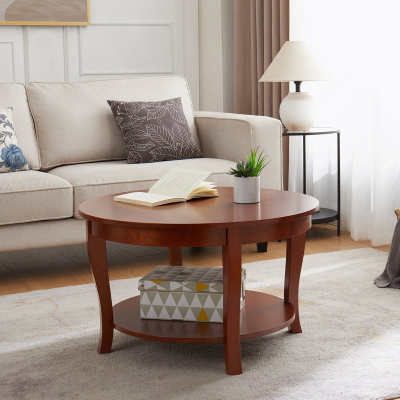 Table basse ronde traditionnelle avec tablette de rangement ouverte, table d'appoint en bois à 2 niveaux, Noyer