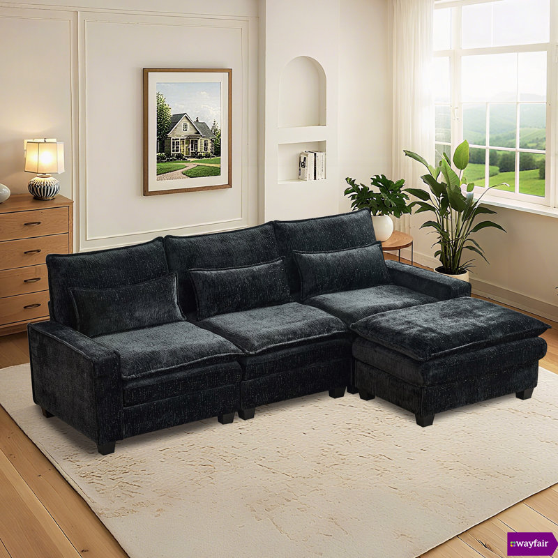 Bodhild Modular Chenille Sectional, with USB Port,Coffee Table And Center Console., Black Chenille