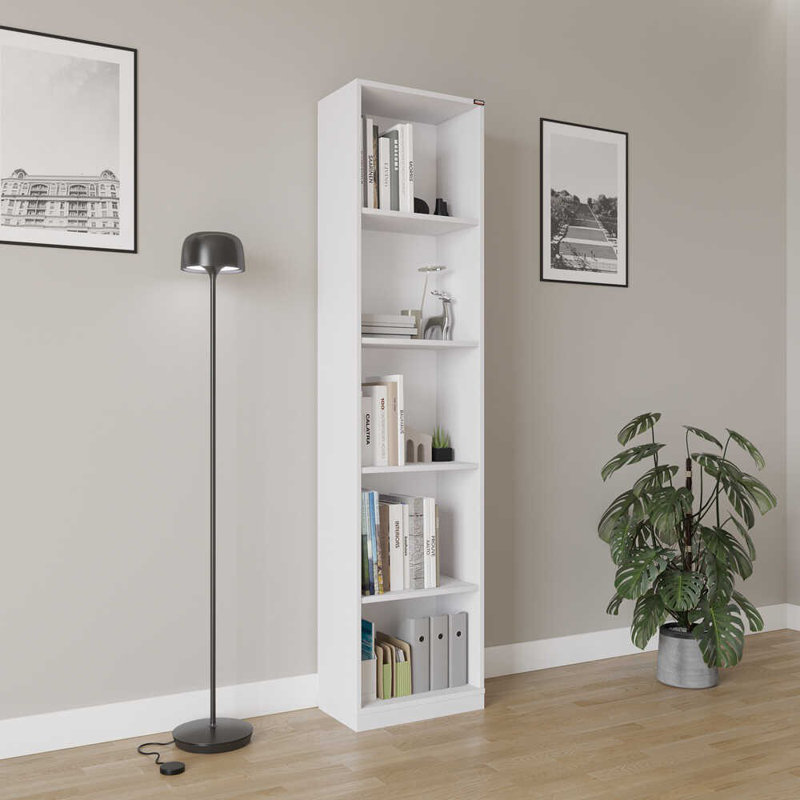 Bibliothèque moderne blanche, 5 tablettes, 16,9 po x 71,7 po x 10,2 po | Panneau de particules revêtu de mélamine à 100%, conception murale | Solution de rangement élégante pour la maison et le bureau, élégante et peu encombrante