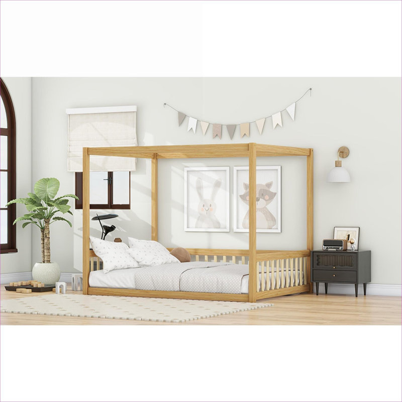 Lit à baldaquin pleine grandeur, finition naturelle en bois d'hévéa, avec garde-corps fermés pour le repos dans la chambre à coucher et les jeux quotidiens