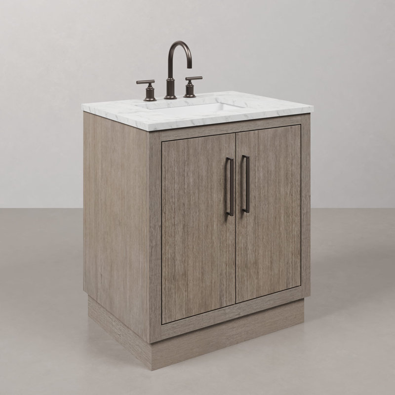 Overturf 30" Carrara White Marble Countertop Bath Vanity in Grey Oak with Faucet, Oil-Rubbed Bronze, Faucet Included