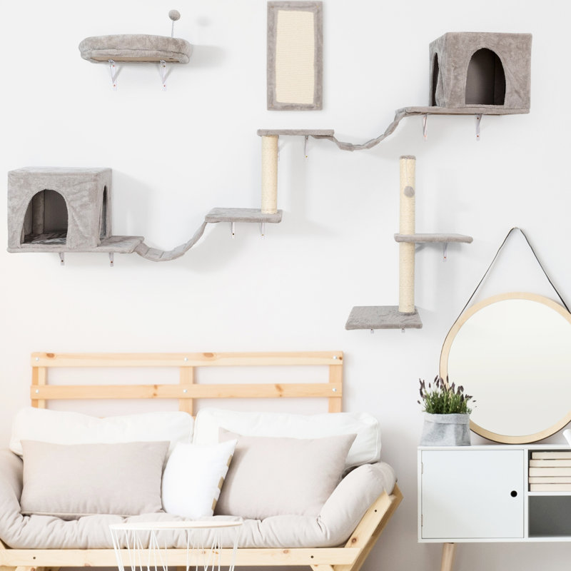 Wall - Mounted Cat Tree With 2 Condos, 3 Shelves, Ladders, 1 Perch, Scratching Pad Easy Installation Featuring Functionality, Perch And Posts