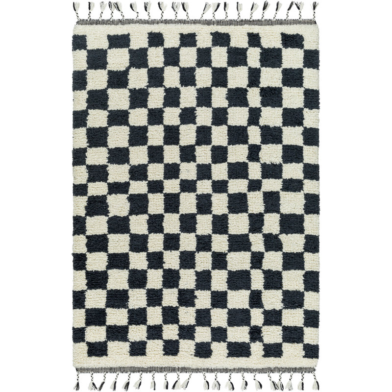 Black and Ivory Geometric Wool Rug with Tassels
