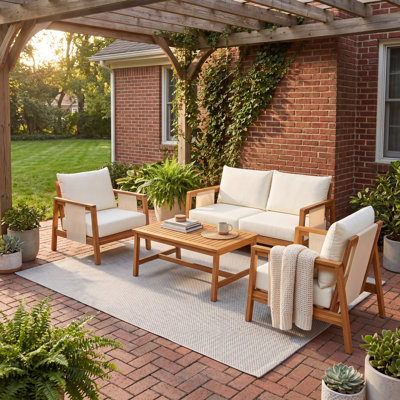 Ensemble de canapé 4 pièces avec causeuse d'extérieur et table basse - Structure en bois d'acacia avec textilène brun, coussins beiges hydrofuges (finition teck) pour patio
