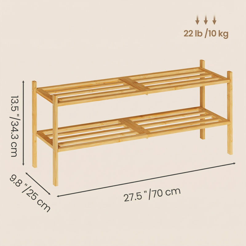 2 Tier 12 Pairs Bamboo Shoe Rack For Closet, Stackable Shoe Oragnizer, 13.5'' H X 27.5'' W X 9.8'' D, Natural