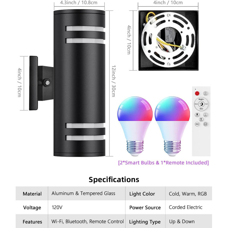 Smart Porch Light With RGBCW Color, Wifi App Control, Dusk To Dawn Sensor, Alexa & Google Assistant Compatible Outdoor Wall Sconce For Patio, Garage, And House