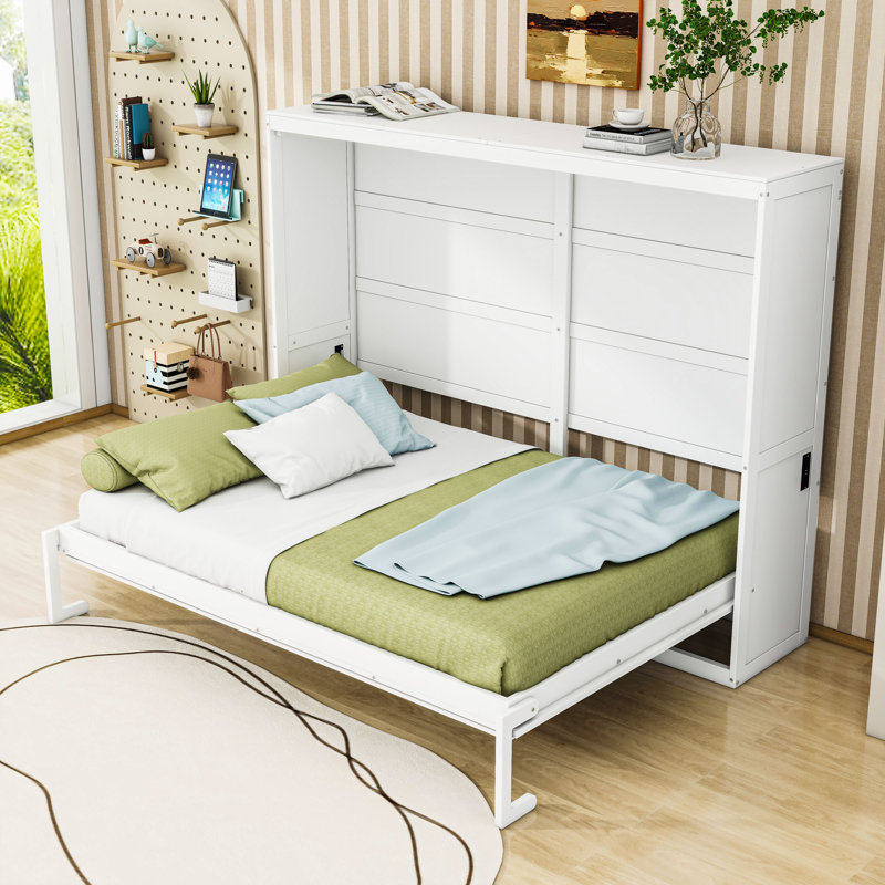 Lit escamotable en bois avec lattes de soutien, Blanc, Grand