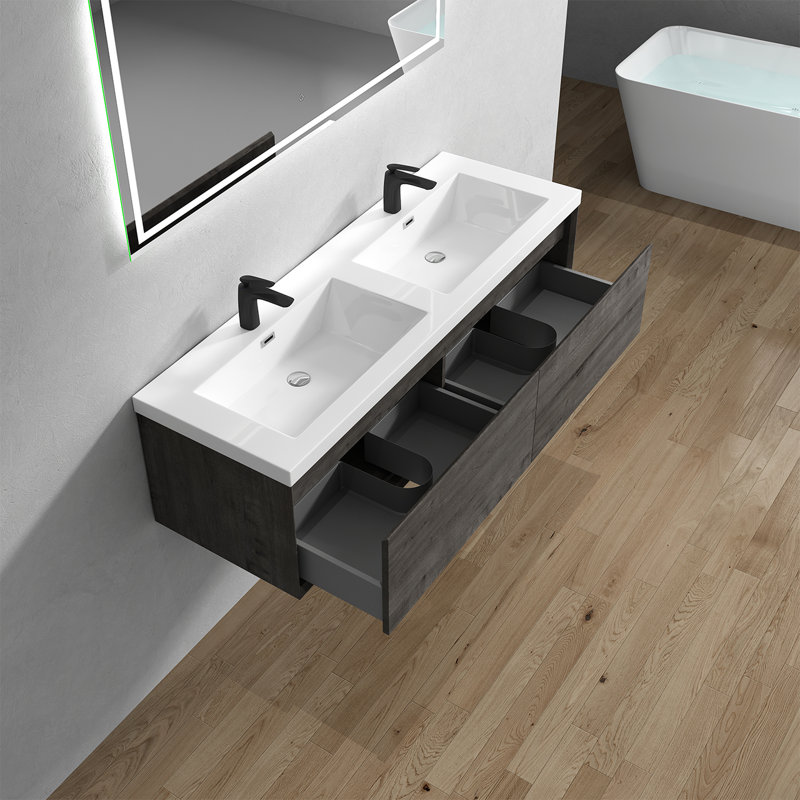 58.6" W x 19.6" D x 17.7" H Wall-Mounted Double Bathroom Vanity, Smoke Oak