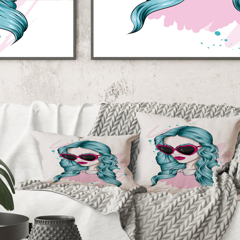 Portrait Of A Young Woman With Turquoise Hair - Modern Printed Throw Pillow