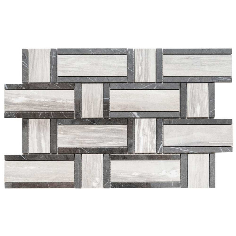Carreau de mosaïque en porcelaine polie Stately Tre Basketweave 9,5 po x 14 po, Gris