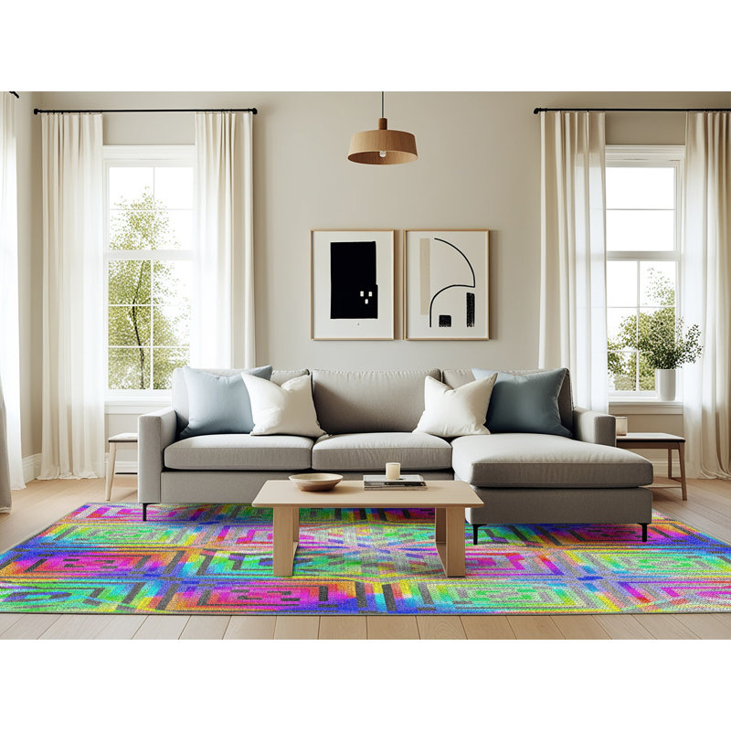 Tapis à motif géométrique vert, Rectangle 6 pi x 9 pi