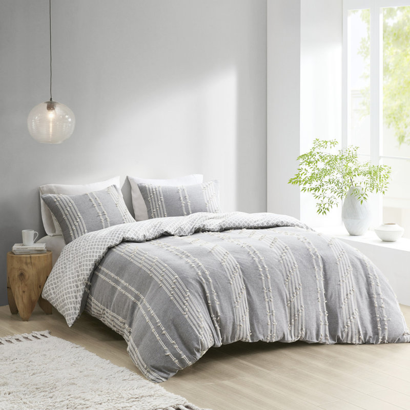 Full/Queen Bed Duvet Cover, Cotton In Grey And Designs Sized Bedding With Secure Ties