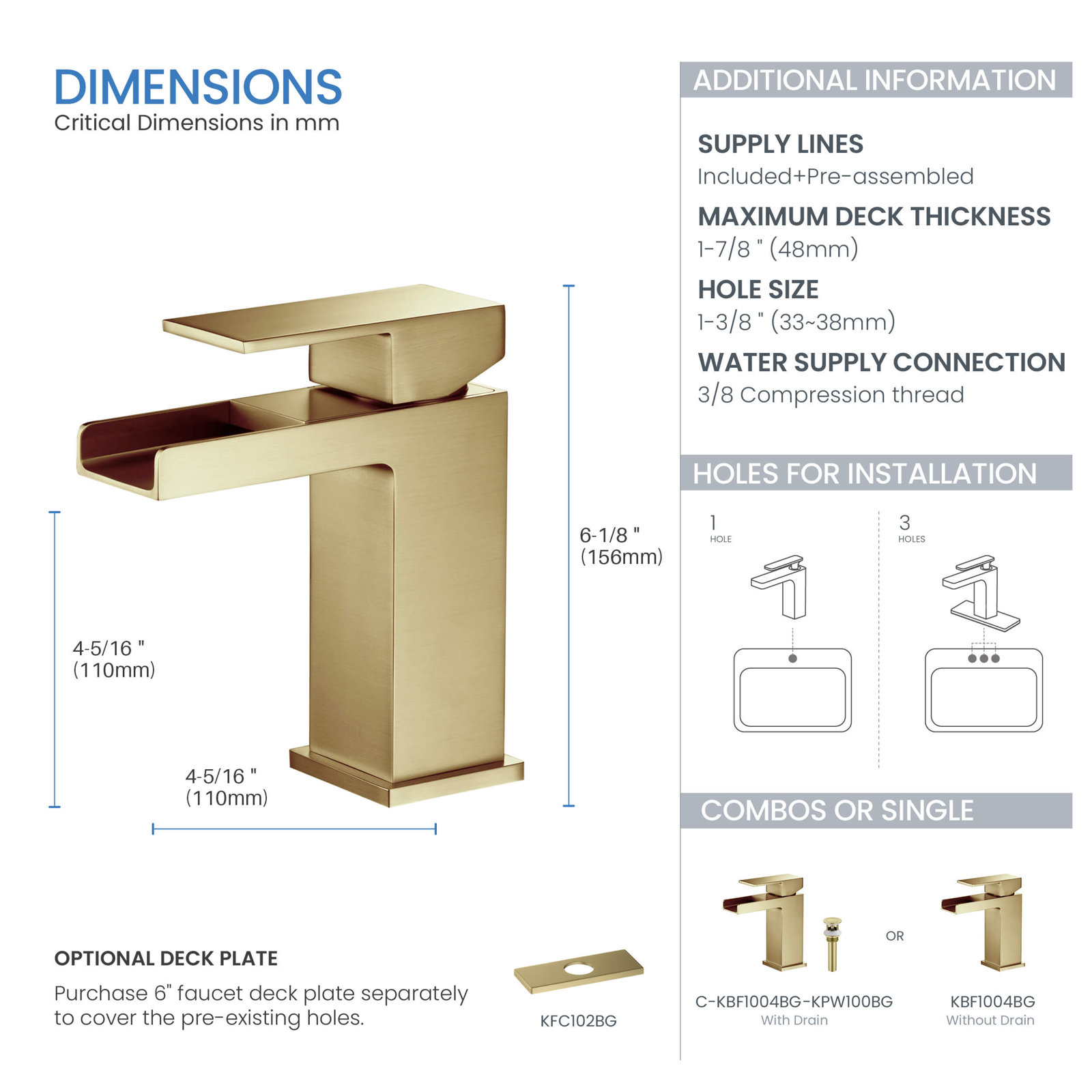 Waterfall Single-Hole Bathroom Faucet, Brushed Gold, With Drain Assembly