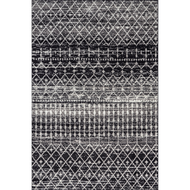 Tapis noir à motif marocain tissé à la machine Amandine, Rectangle 4 pi x 6 pi