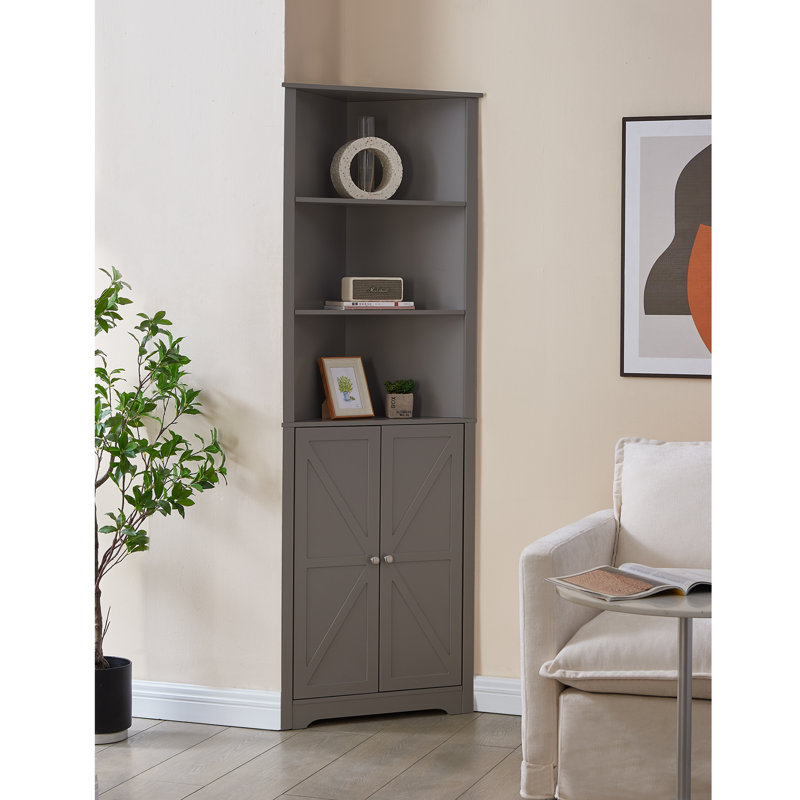 Tall Wooden Corner Cabinet with 2 Doors & 5 Shelves, Freestanding Space-Saving Storage Organizer for Bathroom, Kitchen, Living Room or Office