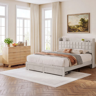 Chrisha Bedroom Furniture Set: Upholstered Tufted Storage Platform Bed With 2 Foot Drawers + Fluted Wood Dresser Chest Of Drawers