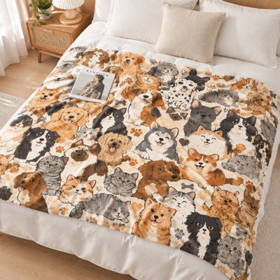 1 pièce adorable couverture en molleton à imprimé chien et chat - Vibrant d'un côté; sensation de chaleur et de confort parfait pour la décoration d'un canapé pour la maison Literie et articles de canapé