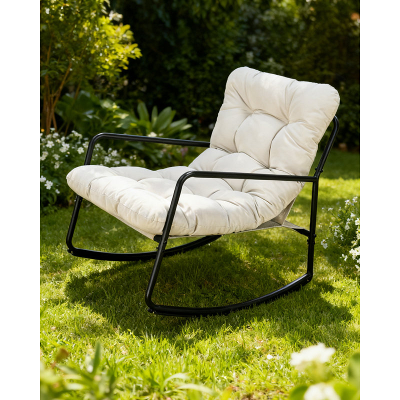 Outdoor Rocking Chair, Metal Patio Rocking Chair, Indoor Rocking Chair with Cushion, Papasan Rocking Lounge Chair, Comfy Modern Rocker Chair for Porch, Living Room, Garden, Backyard, Off-White